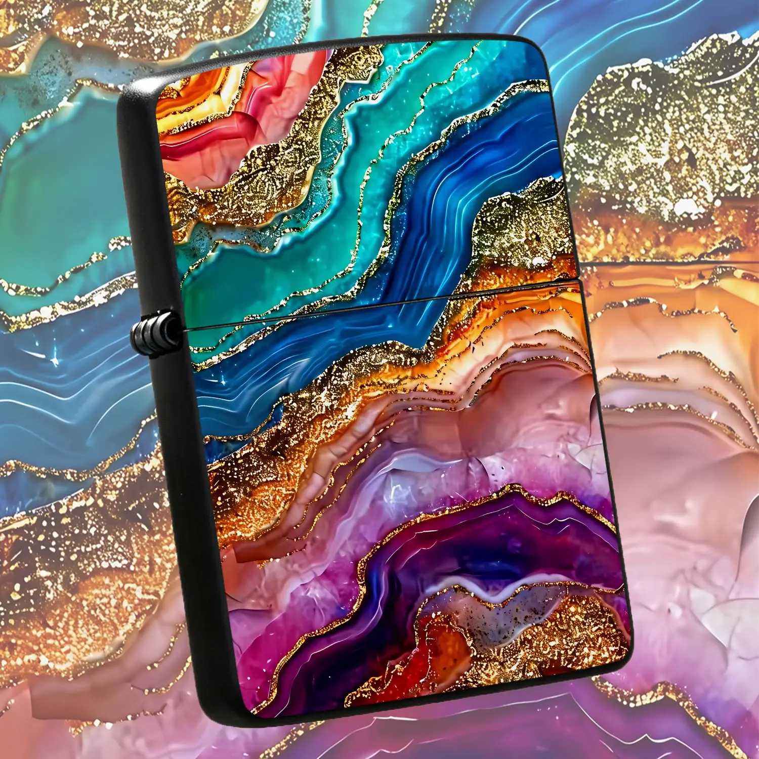 Colorful Agate Geode Lighter, Glittering Golden Foil Inlaid Fluid Art Pattern, Exquisite Trendy Portable Igniter For Daily Commute, Outdoor Trips, Gatherings, Ideal Practical Gift For Various Scenarios, Stylish High Sens A Humorou And Inter