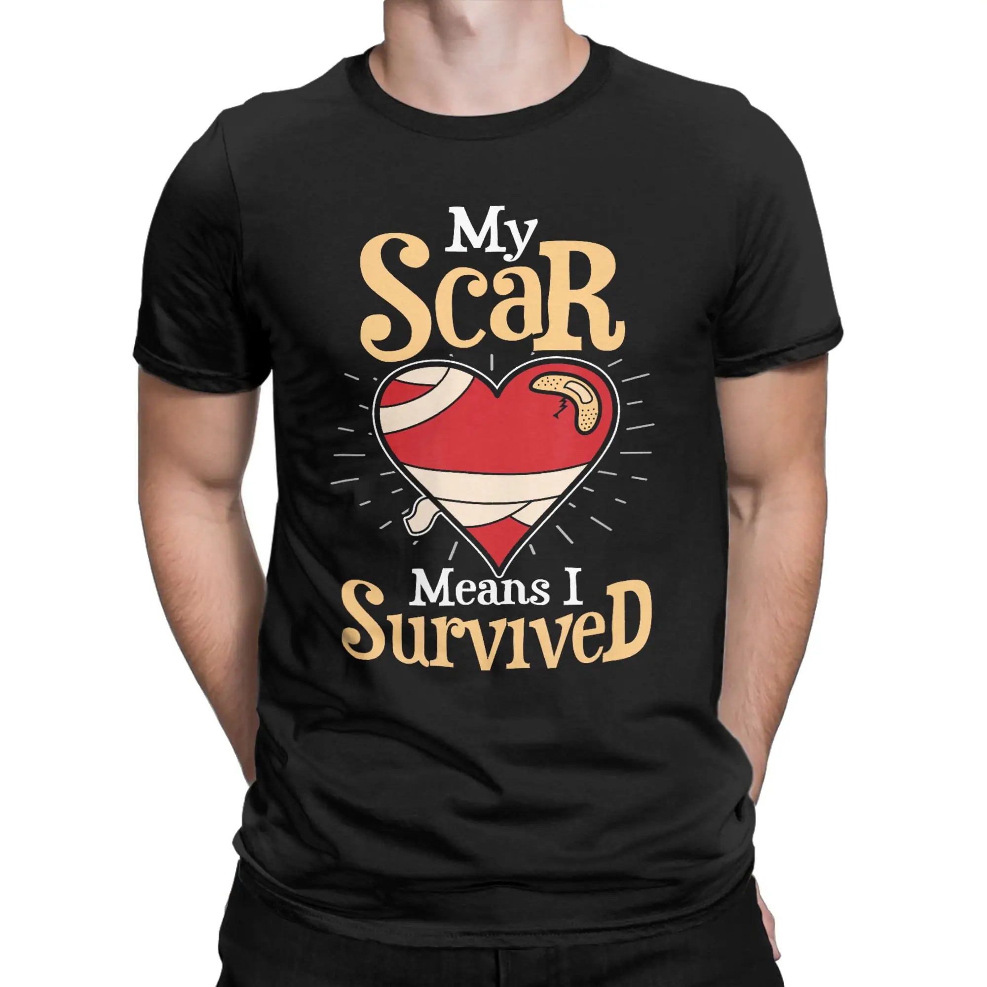 My Scar Means I Survived Heart  Men's T Shirt  Vintage Tee Shirt Short Sleeve Crew Neck T-Shirt 100% Cotton Printing Clothes