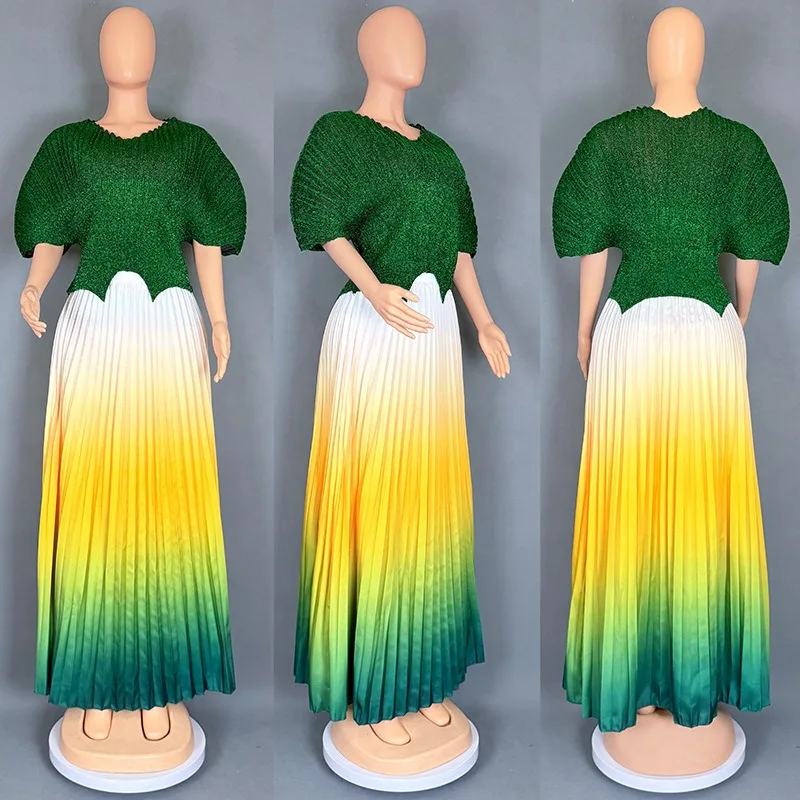 النساء حجم كبير التدرج اللون التنانير الطويلة وبلوزات مطوي 2 قطعة الزي الفاخرة دبي حفلة موسيقية 2025 عادية لمجموعات الموضة النسائية #5
