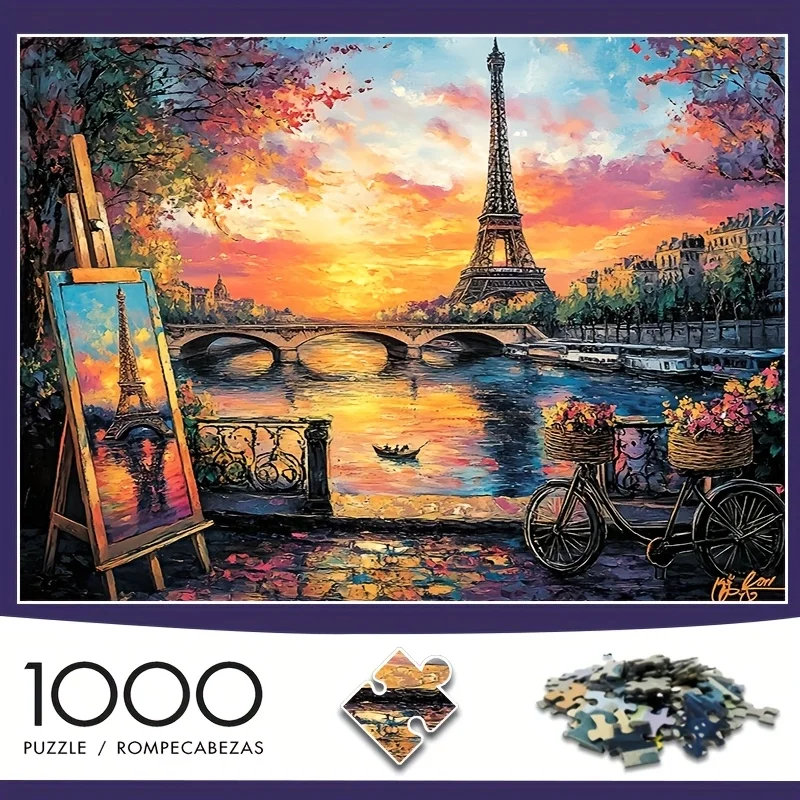 Artystyczny Puzzle z Motywem Paryża, Wieża Eiffla, Zachód Słońca, Scena z Sztalugą, Gra dla Dorosłych, Motyw Miejski, Gra Intelektualna, Dekoracja Domu, Rozrywka