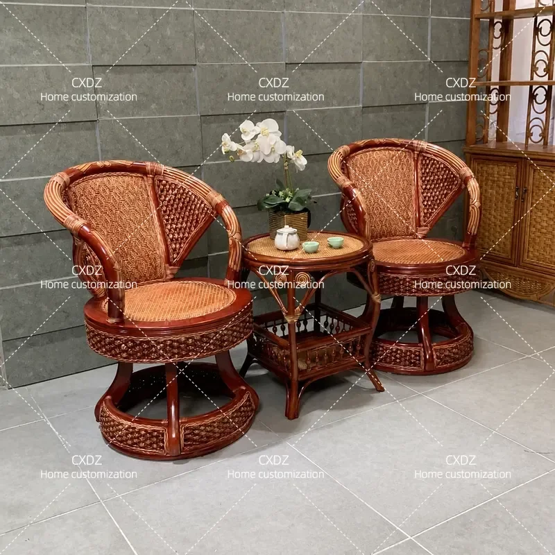 Natural Rattan Chair Set 3 Piece Balcony Single Seat with Tea Table Comfortable Casual Seating for Home Outdoor Relaxation