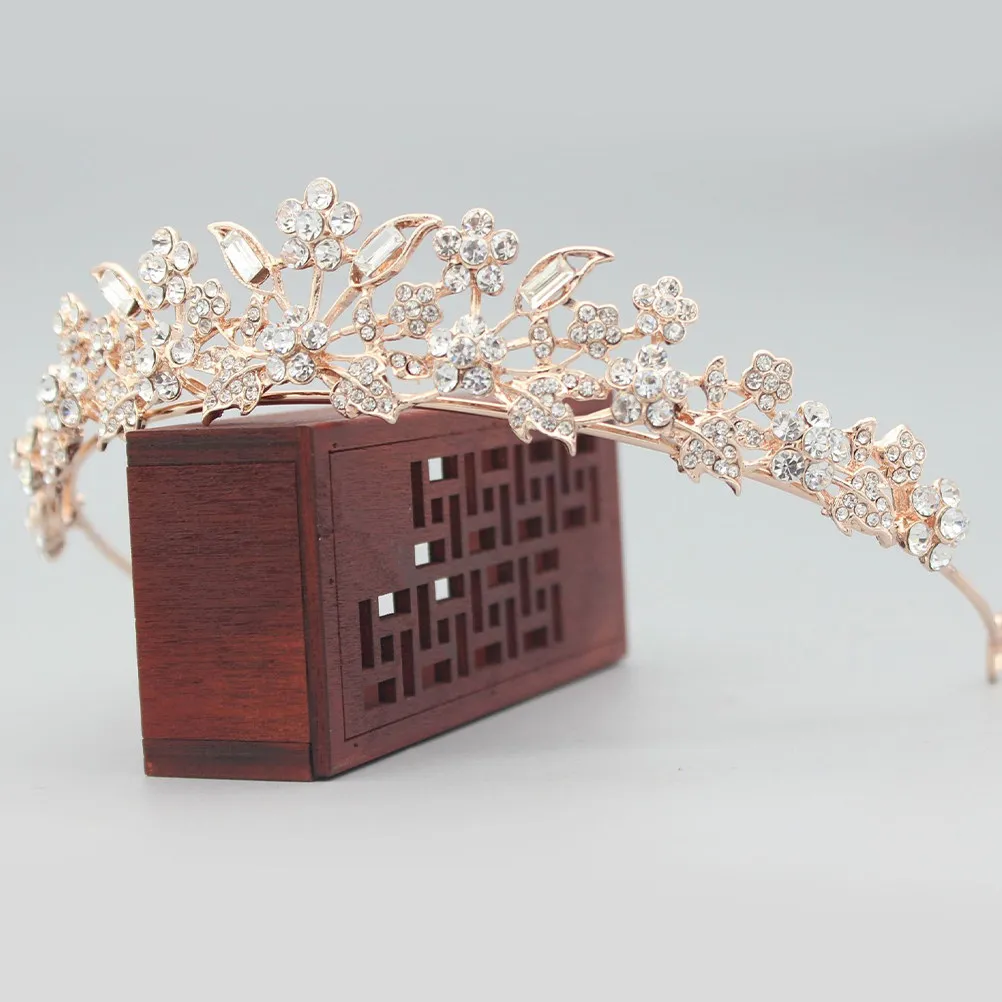 

Свадебная корона-ободок из розового золота, минималистичная, со стразами, цветочная тиара для женщин, элегантная, в стиле барокко, для вечеринок