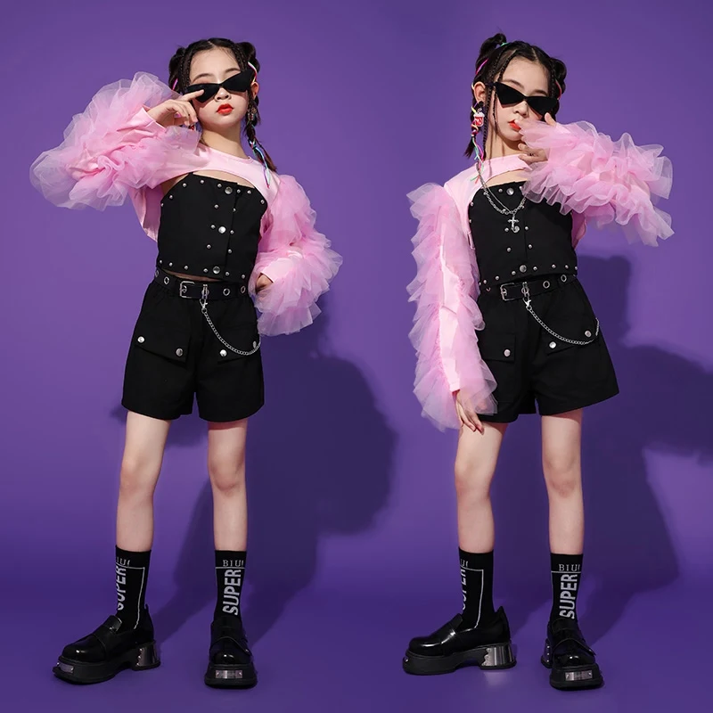 Kpop Stage Outfit Girls Jazz Hip Hop Dance Clothing Kid Model Fashion Performance Suit Children Black Tops Shorts Streetwear 240