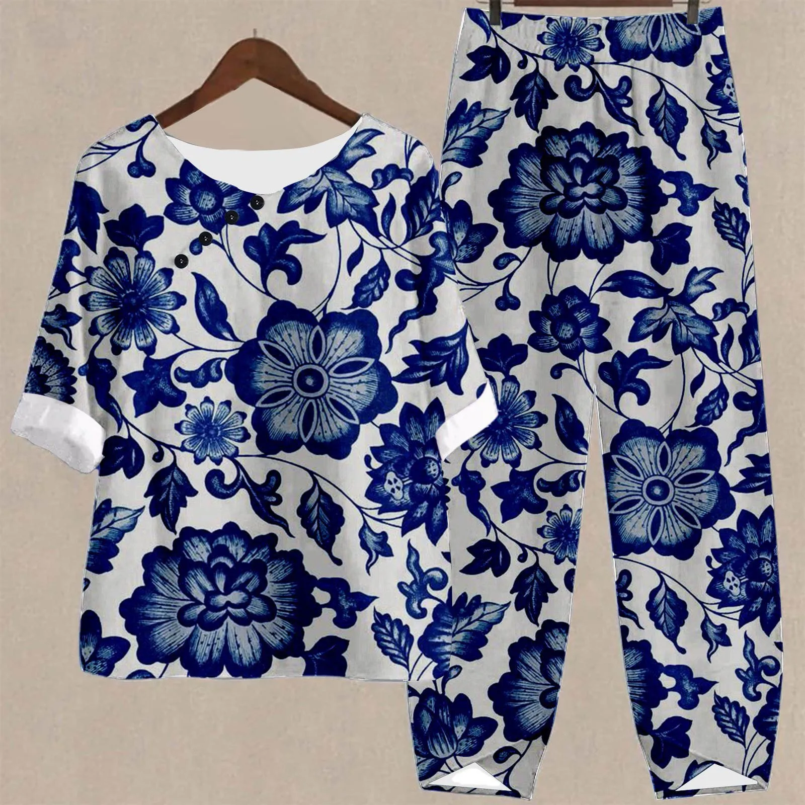 New Elegant Summer Casual 2 Piece Set Women O Neck Flower Print Loose T Shirt High Waist Loose Pants Suit Female Outfits 2023