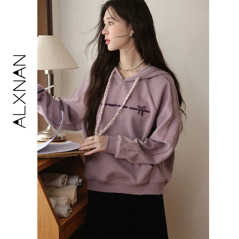 ALXNAN Women's Purple Hooded Sweatshirt Embroidered Loose Drawstring Lazy Casual Outerwear Autumn New Female Clothing L58038