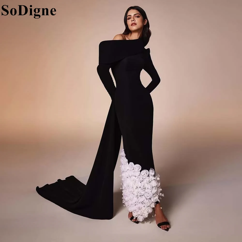 

SoDigne Elegant Black Evening Dresses Mermaid Off Shoulder Watteau Train Long Sleeves Party Dress Flowers Prom Gowns Customized