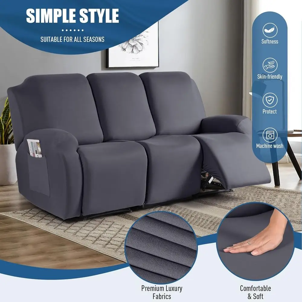 Sarung Sofa Recliner Poliester 3-Dudukan, Penutup Elastis dengan Kantong, Pelindung Furnitur Abu-Abu Tua yang Dapat Dicuci