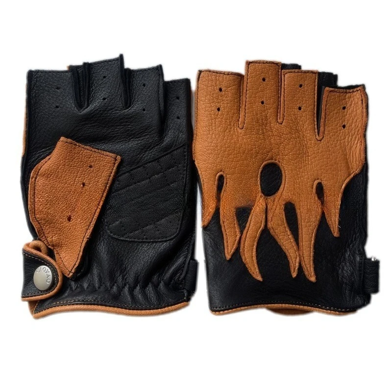 Deerskin Flame Motorcycle Riding Gloves Spring Summer Leather Men's Half-finger Gloves view 3