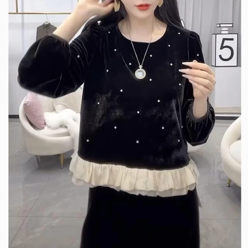 

Women Stylish Vintage Gold Velvet Rhinestone Slim Elegant Chic T-shirt Ruffled Patchwork Female O Neck Long Sleeve Pullover Tops