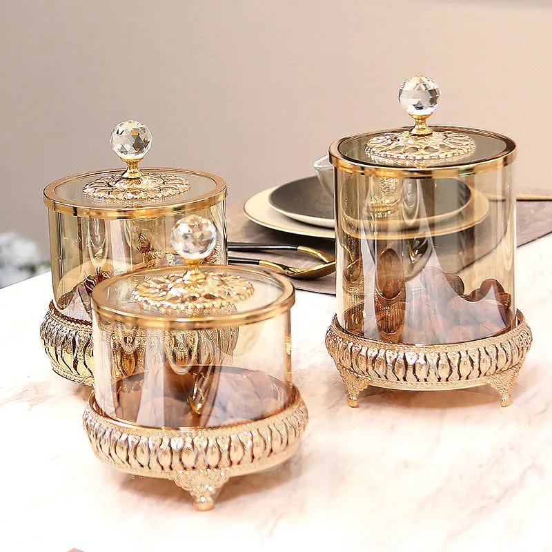 Crystal glass decorative storage tank with lid Creative living room coffee table Light luxury engraved dried fruit candy jar