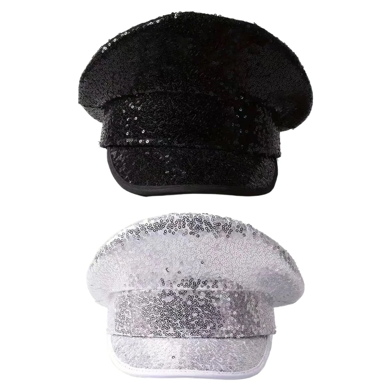 R7UF Costume Captain Hat Sequins Brimmed Cap for Carnivals Event Night Club Styling