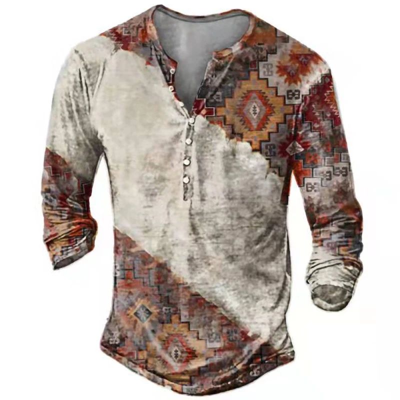 Vintage Men\'s T-Shirts With Button Ethnic Pattern Print Spring Autumn Loose O-Neck Long Sleeve Oversized T Shirts Male Clothing