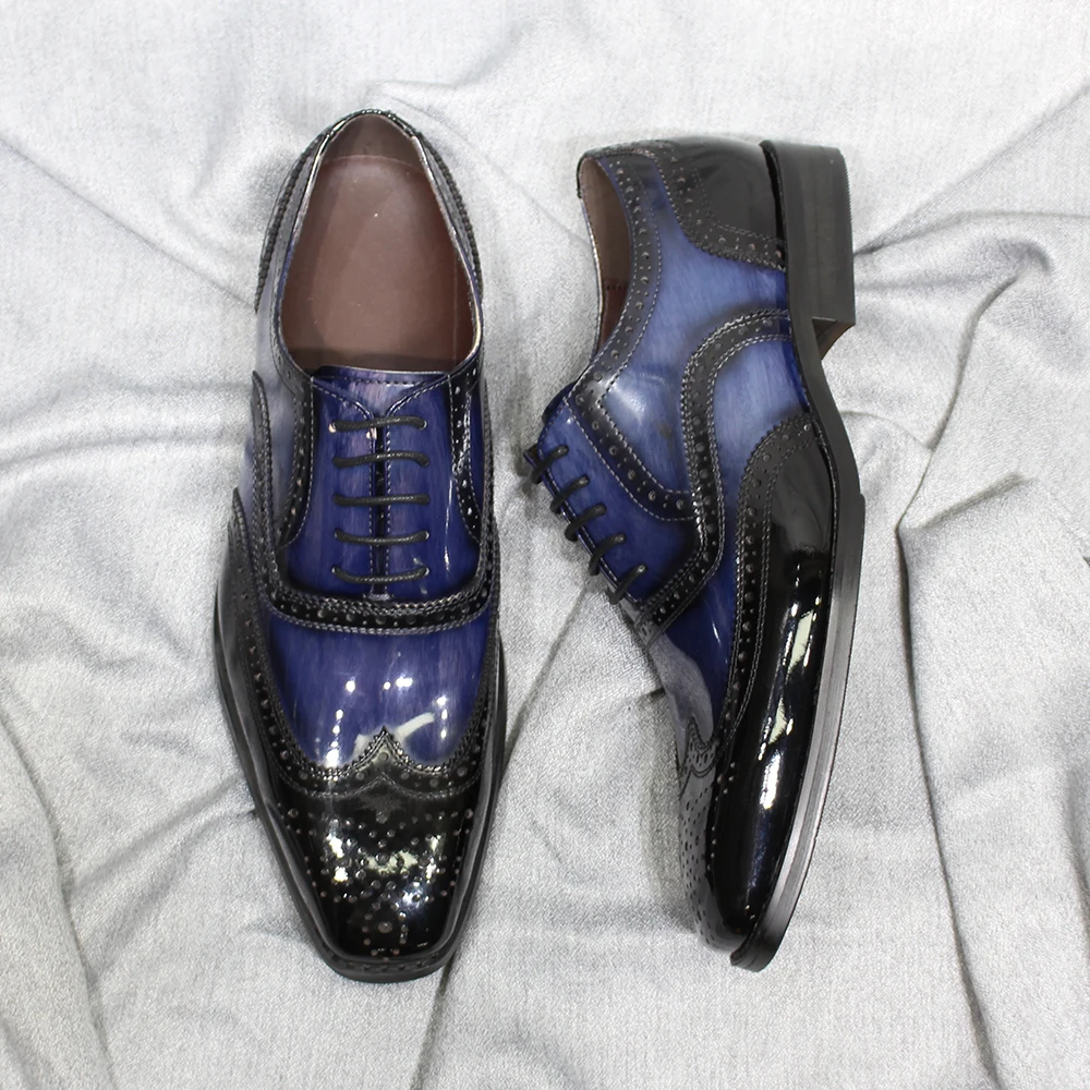 Cow Patent Leather Men's Oxfords Brogue Wingtip Formal Shoes Classic Handmade Lace Up Office Wedding Party Dress Shoes for Men