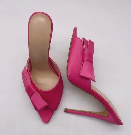 

Rose Pink White Green Solid Silk Butterfly Knot Pointed Peep Toe Shallow Stiletto Mules Women Fashion Thin Heels Modern Slippers