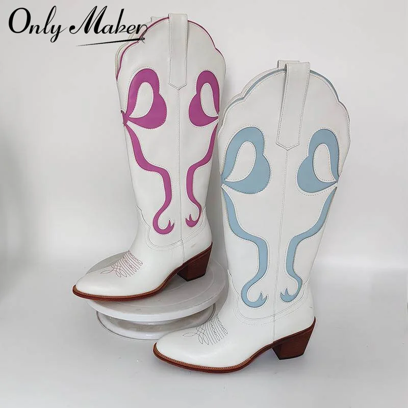 

Onlymaker Women White Pull-on Knee High Cowgirl Boots with Bow Big Size Comfy Women Cowboy Boots