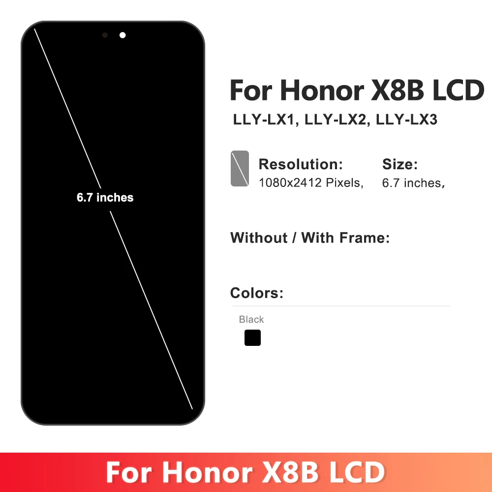 6.7'' AMOLED For Huawei honor X8B LLY-LX1, LLY-LX2, LLY-LX3 Lcd Display Touch Screen Digitizer Assembly Replacement With Frame