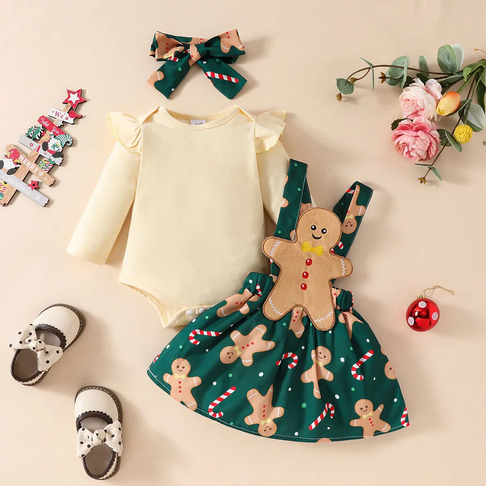 2026 Newborn Christmas Clothes Santa Clause Dress And Solid One Piece Matched Headband 3Pcs Toddler Girls Suit 0-18M