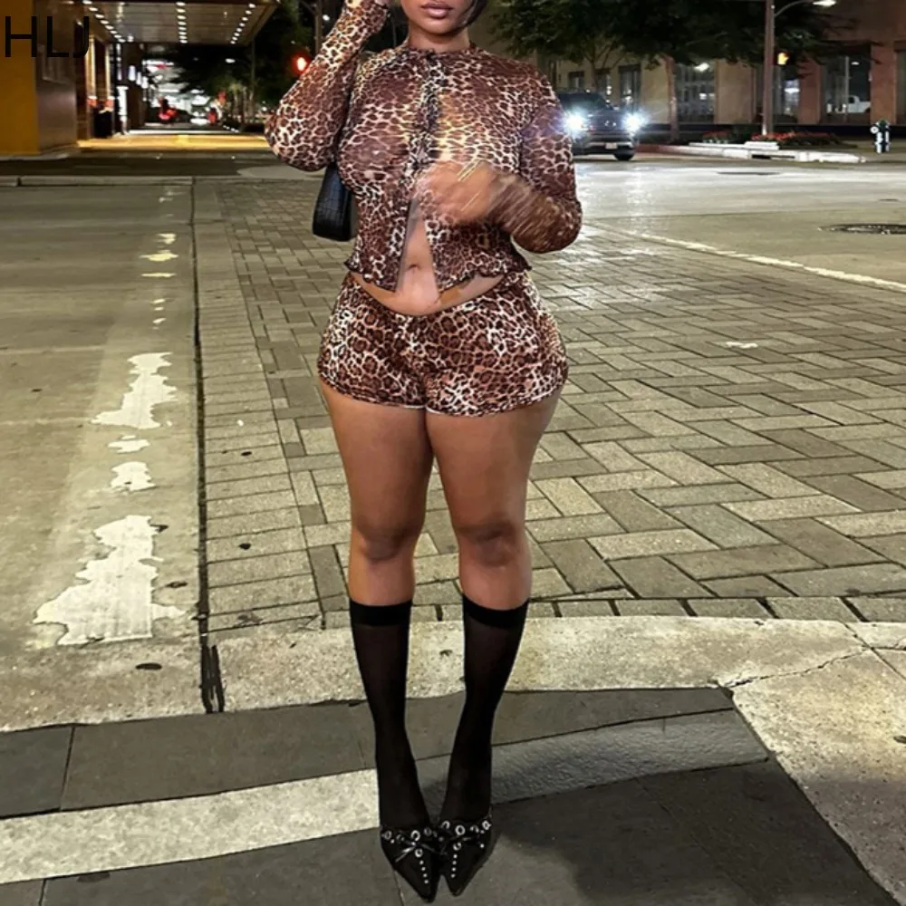 HLJ Spring New Sexy Leopard Mesh See Though Two Piece Sets Women Button Long Sleeve Slim Top And Shorts Outfits Fashion Clubwear