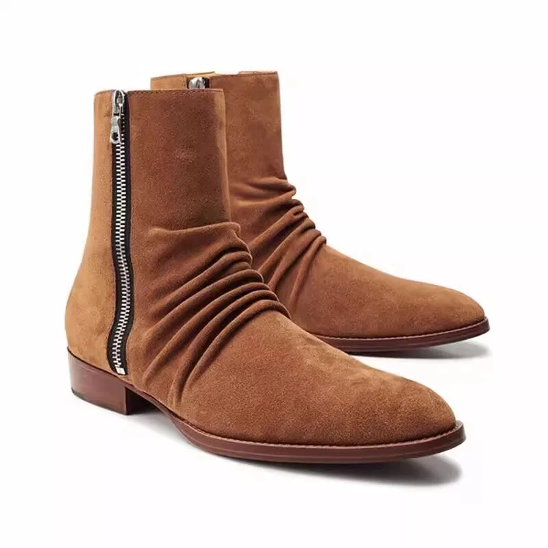 

British Style Pleated Cow Suede Chelsea Boots Wood Chunky Heels Zipper Side Camel black Men Ankle Boots Man Botas Hombres