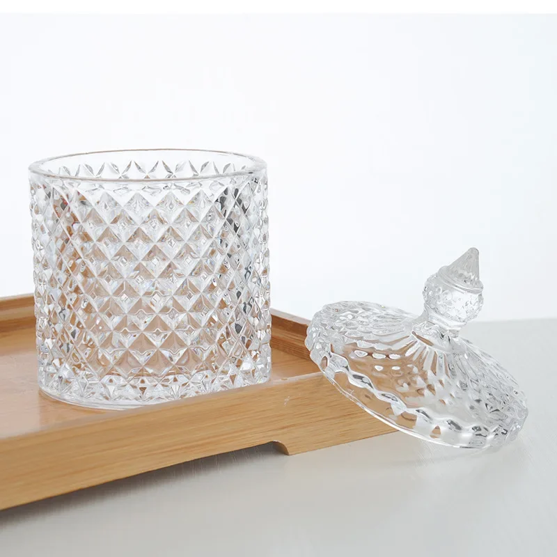

Discount Offer Unique Deluxe Iridescent Roman Glass Candle Jar Crystal Carved Glass Candle Holder With Glass Lid
