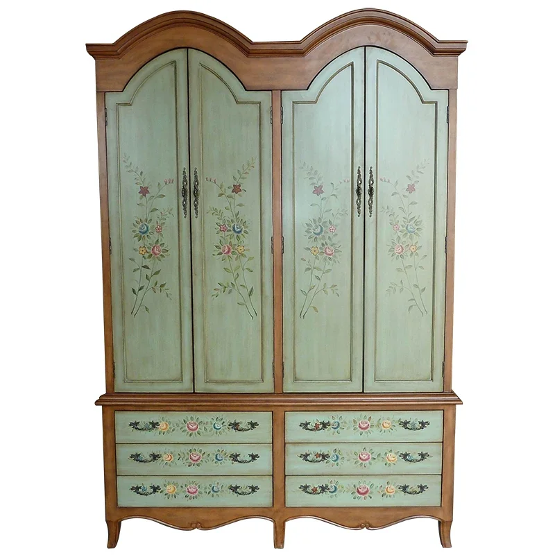 

American Country Six-Drawer Four-Door Wardrobe Custom Mediterranean Retro Wardrobe Cabinet Pastoral Painted Furniture