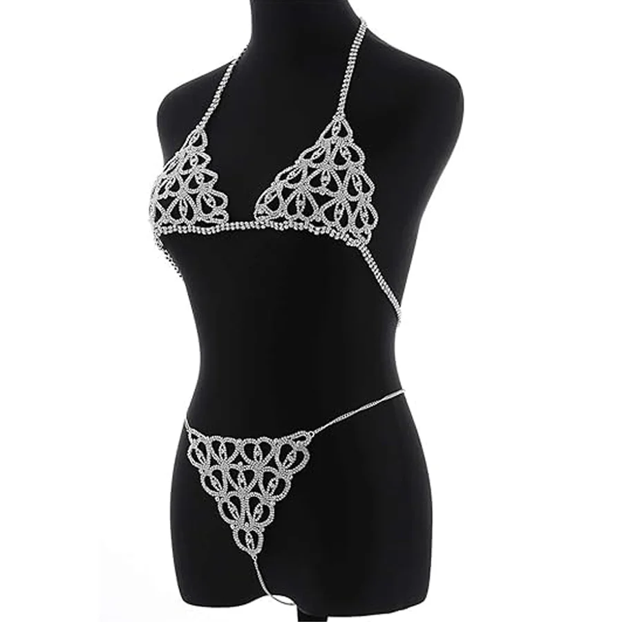 

Сексуальный бюстгальтер-стринги со стразами и сердечками, комплект бикини с цепочкой для тела, модные блестящие вечерние украшения для тела, аксессуары для вечеринки, пляжная одежда