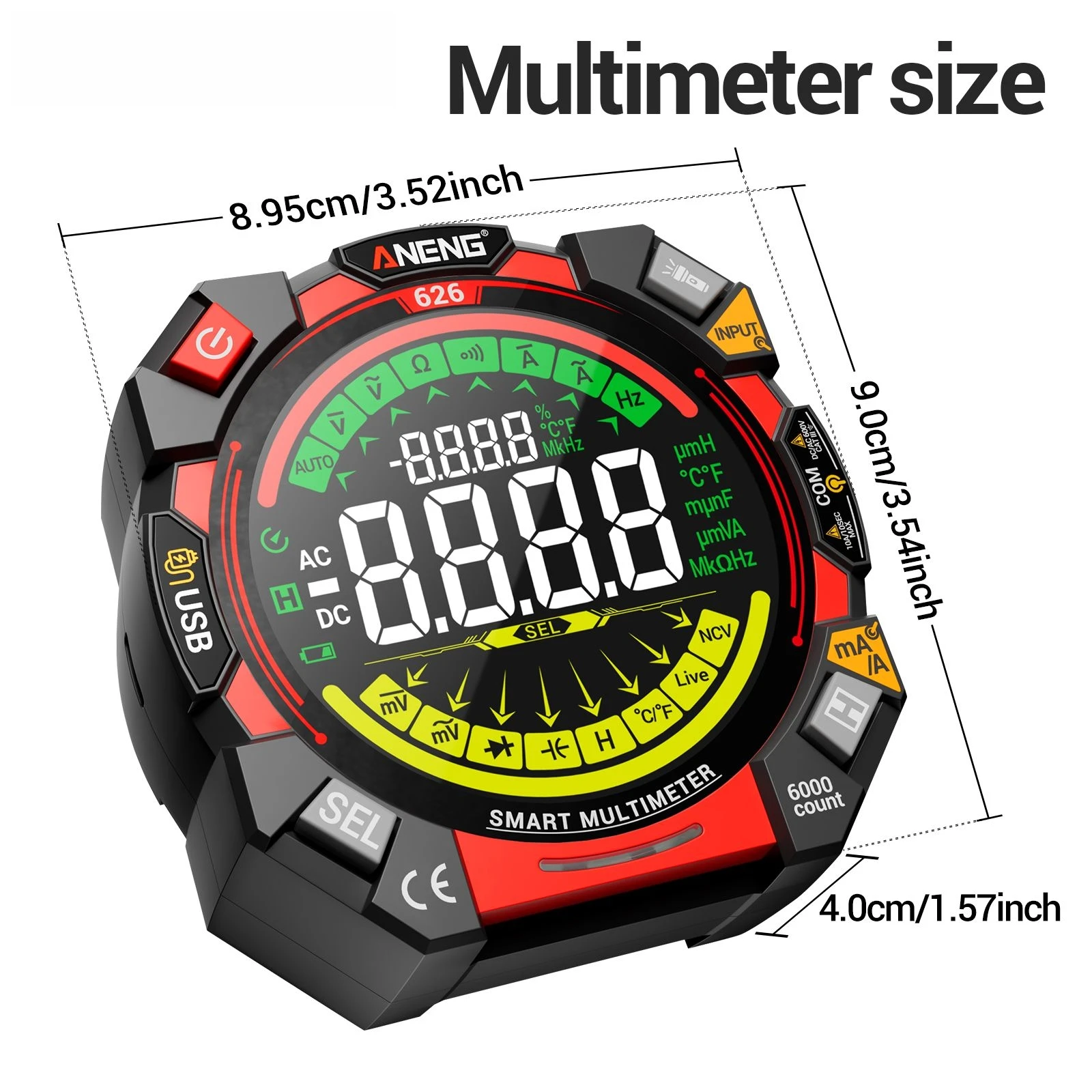 

ANENG 626 Компактный мультиметр 7 МГц AC/DC Напряжение Ток 20 мФ VA Измеритель цветного сопротивления Тест 600 В USB Перезаряжаемые инструменты