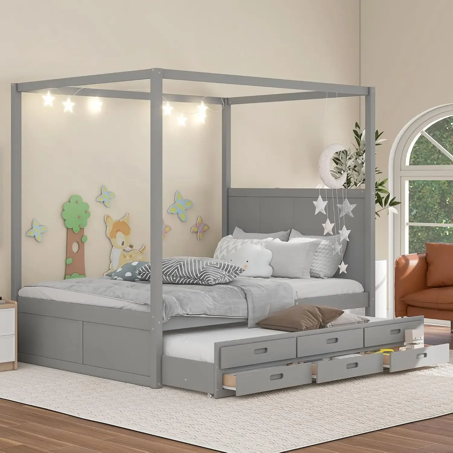 Queen Size Canopy Platform Bed With Twin Trundle And Three Storage Drawers, Wooden Daybed Frame Beds For Kids Teens Boys