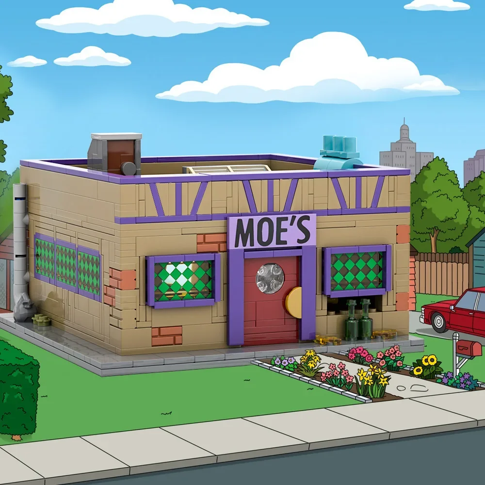 MOC Anime Simpsoned Moe's Tavern Building Blocks Model Springfield Moe's Tavern Modular Bricks Assembly Toys Kids Birthday Gifts