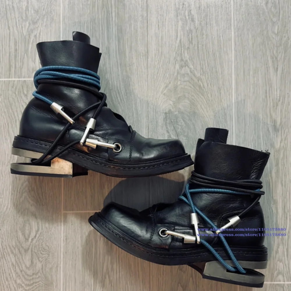 Strange Metal Chunky Heel Motorcycle Boots Black Leather Lace-Up Men's Boots Round Toe Booties Designer Men's Shoes Botas Mujer