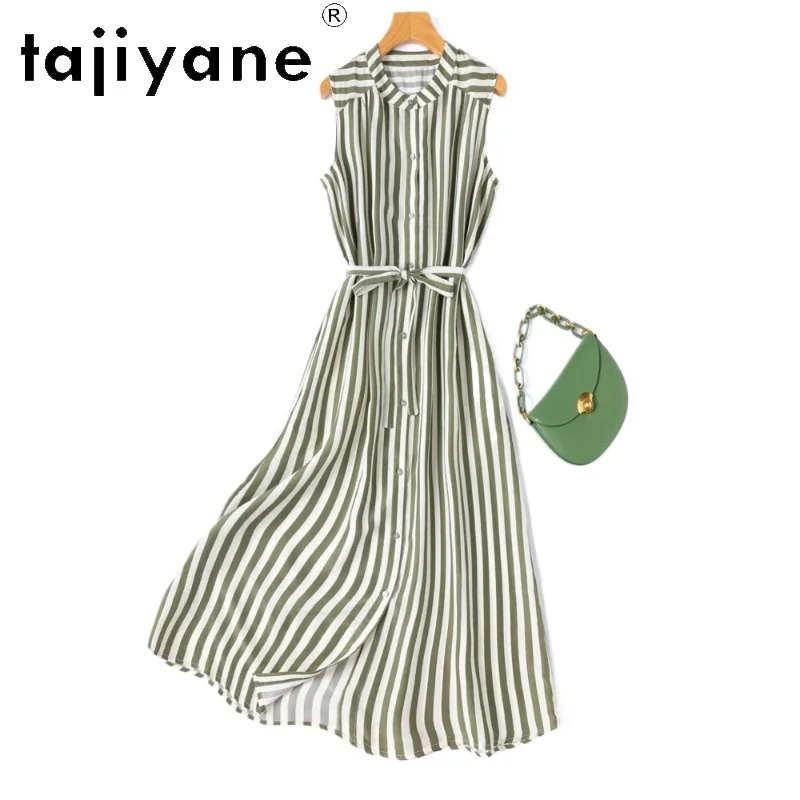 

TAJIYANE 100% Real Mulberry Silk Tank Dresses for Women Stripe Long Dress Sleeveless Belted Summer Frocks 2026 Woman Clothes 원피스
