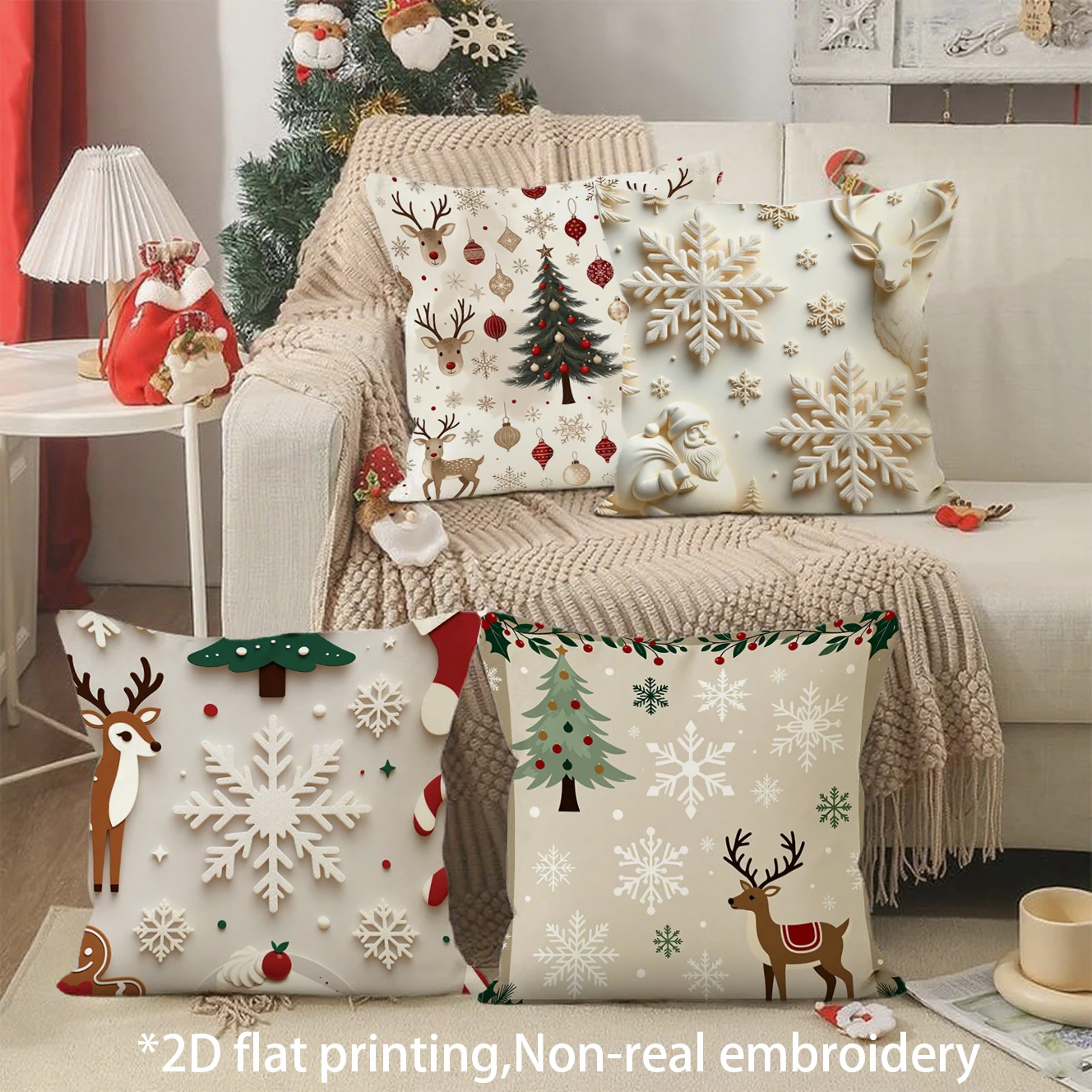 Christmas Reindeer Snowflake Pillow Covers Pattern Cushion Cover Suitable for Sofa Bedroom Car Pillow Cover