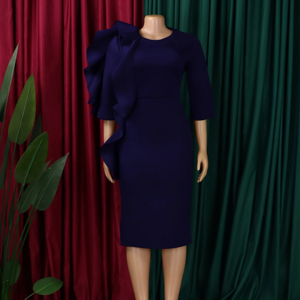 Neueste trendige Design Frühling Kleider Frauen Casual Dame elegante O-Ausschnitt 3-Viertel-Ärmel Rüschen afrikanisches Kleid für Frauen Kleidung – Detail 8