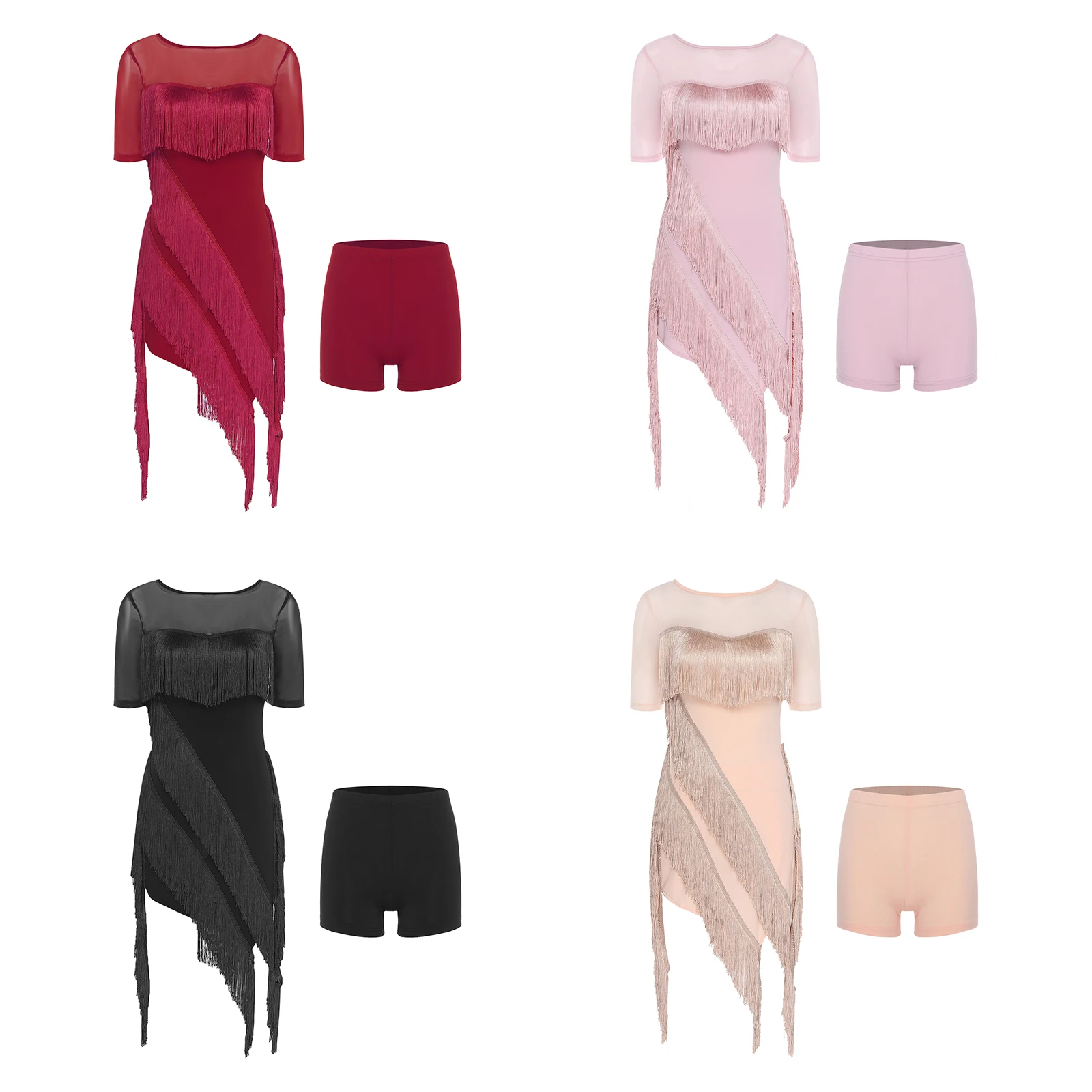 Dames Tango Latin Dancewear Kwastje Onregelmatige zoom Korte mouw Tango Salsa-jurk met veiligheidsshorts Set voor Jazz Modern Dance