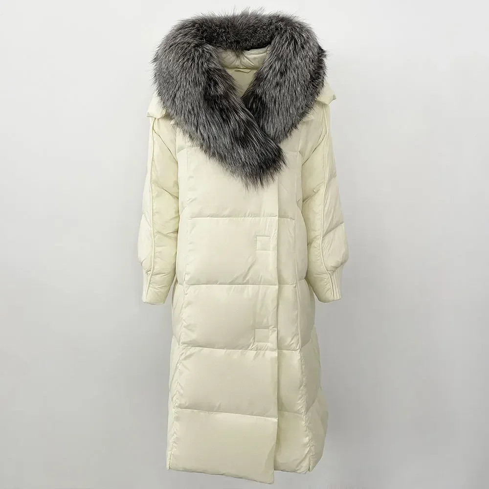 معطف نسائي بياقة من فرو الراكون الثعلب الحقيقي ، جاكيت مبطن بأوزة بيضاء ، معطف طويل من الفرو الطبيعي ، ملابس خارجية دافئة ، شتاء الأوروبي ، جديد
