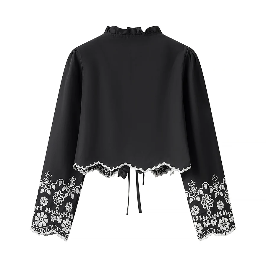 Spring New Women's Faion Design Embroidered Cotton Hollow out Top Loose Fit Long Sve V-Ne ort Length Open Cardigan