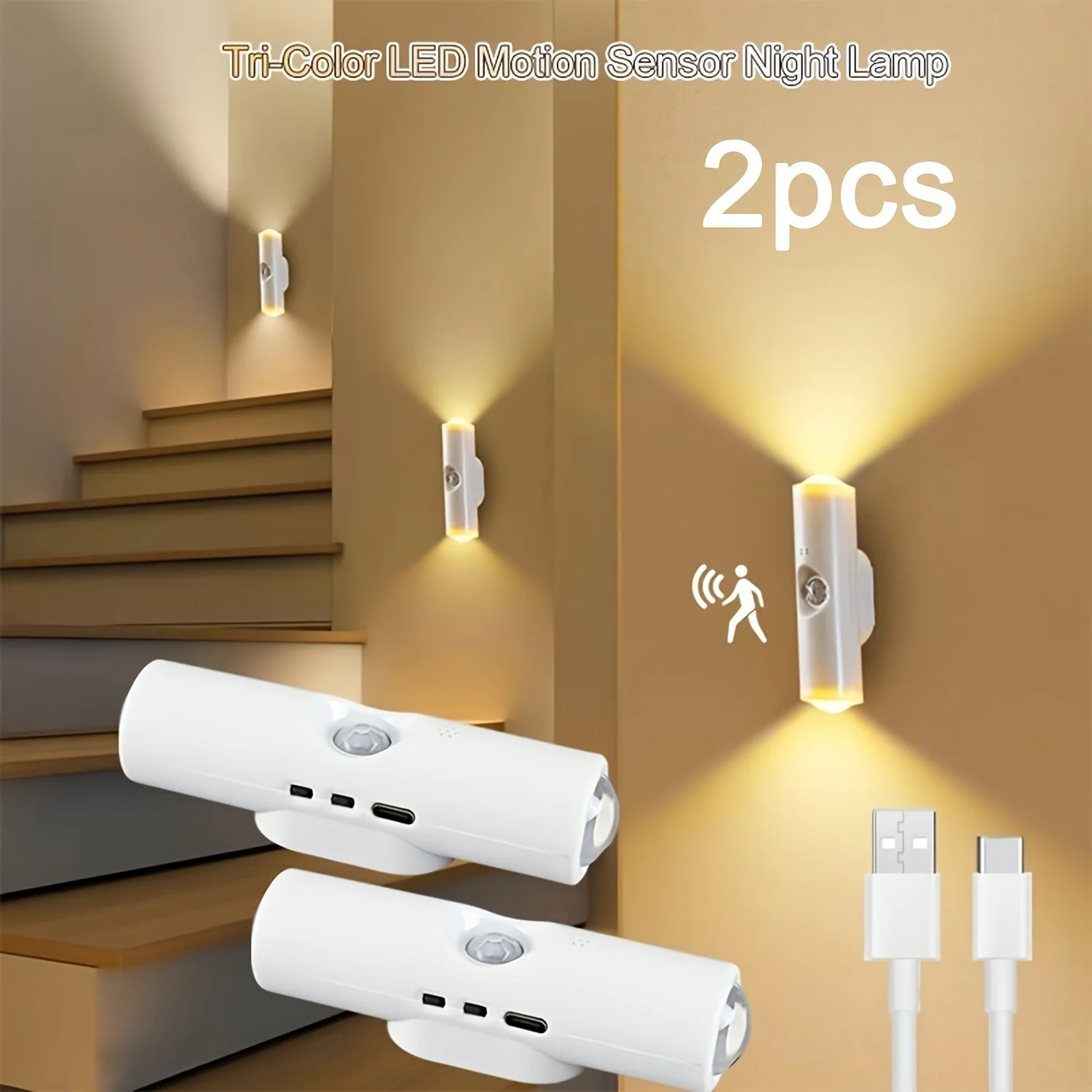 

2 Pack Rechargeable LED Night Light, Dual Head Wall Mount Motion Sensor Lamp, 3 Color Dimmable Warm/Neutral/Cool White for Home