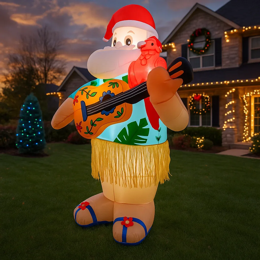 1.8M/5.9FT Inflatable Santa Claus Hawaiian Guitar LED Lights Home Decorations Toys Yard Xmas Supplies Holiday Party Ornaments
