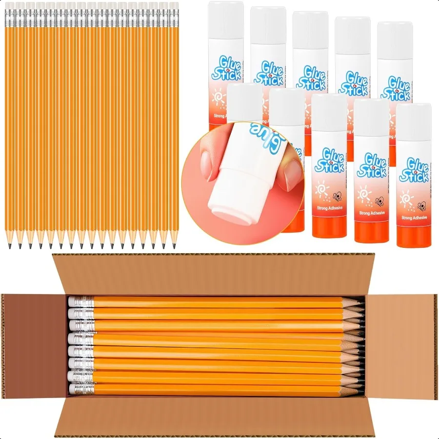 

100 Classroom 2 HB Pencils Presharpened with Erasers and 10 Glue Sticks Bulk 21 Grams 0.75 Ounce White Big Giant Glue Sticks fo