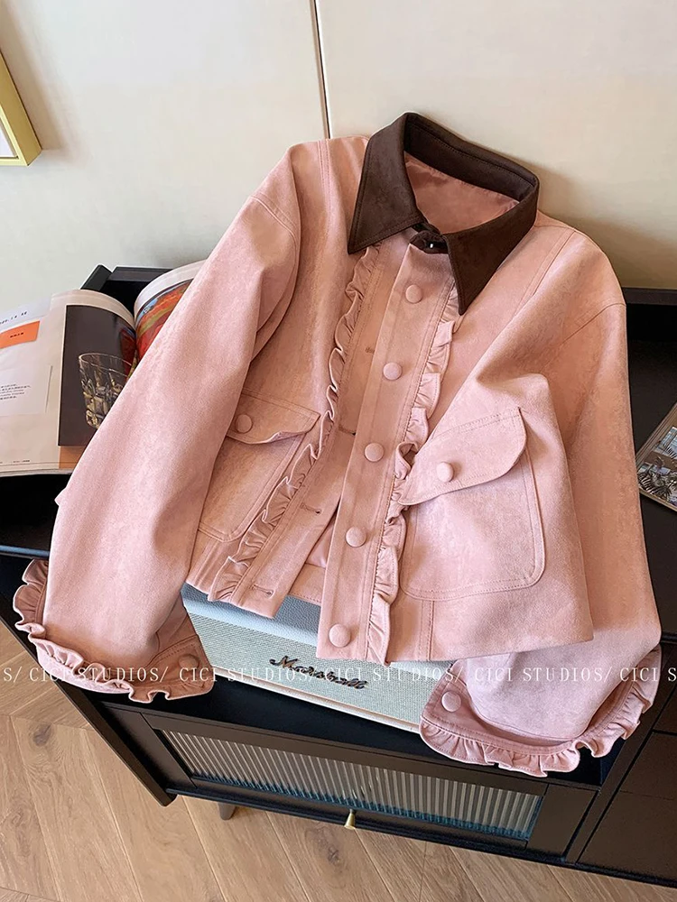 Sweet Ruffles Faux Suede Jacket Women Vintage Preppy Style Loose Coat Fall Winter Lady Harajuku Retro Casual Long Sleeve Outwear