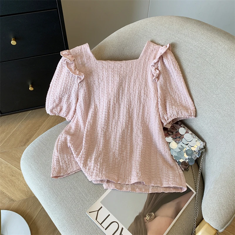 French square collar puffy sleeve shirt women\'s design sense of niche top summer new style loose and thin doll shirt