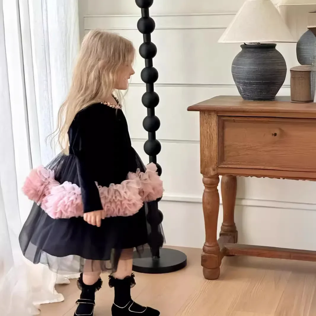 

Girls Princess Dress Autumn and Winter 2024 New Style Skirt Bow Pompadour Waist Skirt Matching Color Children Fashion Dress