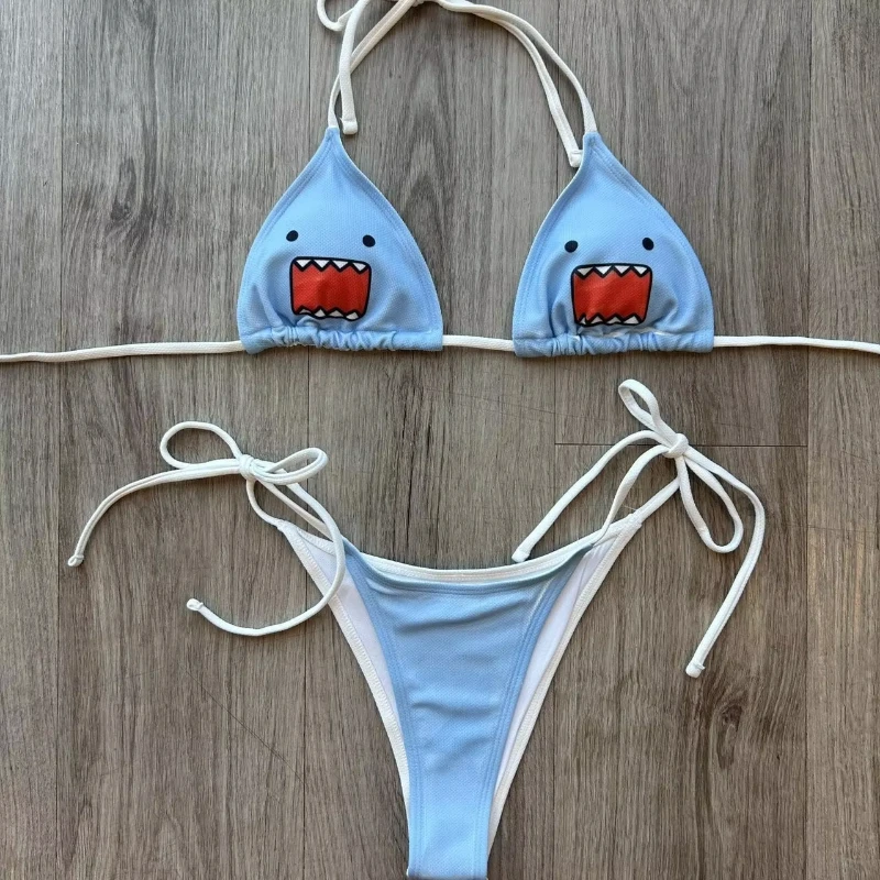 

Trend Suspenders Hanging Neck Vest Shorts Two Piece 2000s Kawaii Cartoon Printing Summer Aesthetics Beach Vacation Bikini Suit