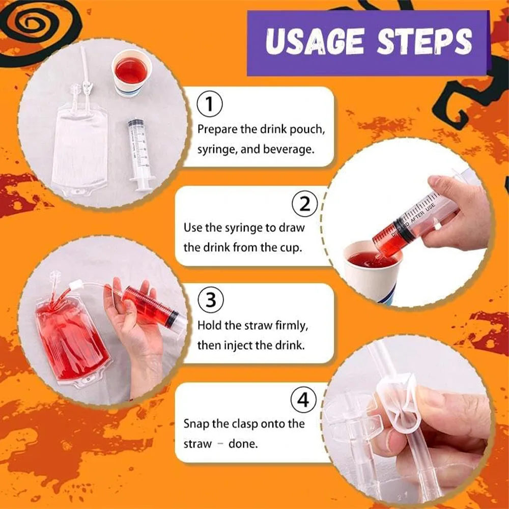 Simulated Blood Bag Party Set, Holiday-Themed Quirky Decorations, Simulated Plasma Drink Storage Bags, Colorful Manual Injection Accessories, Suitable for Halloween Escape Rooms, Role-Playing, Themed Party Photo Props (8Pcs Simulated Blood Bags + 16Pcs Syringes)