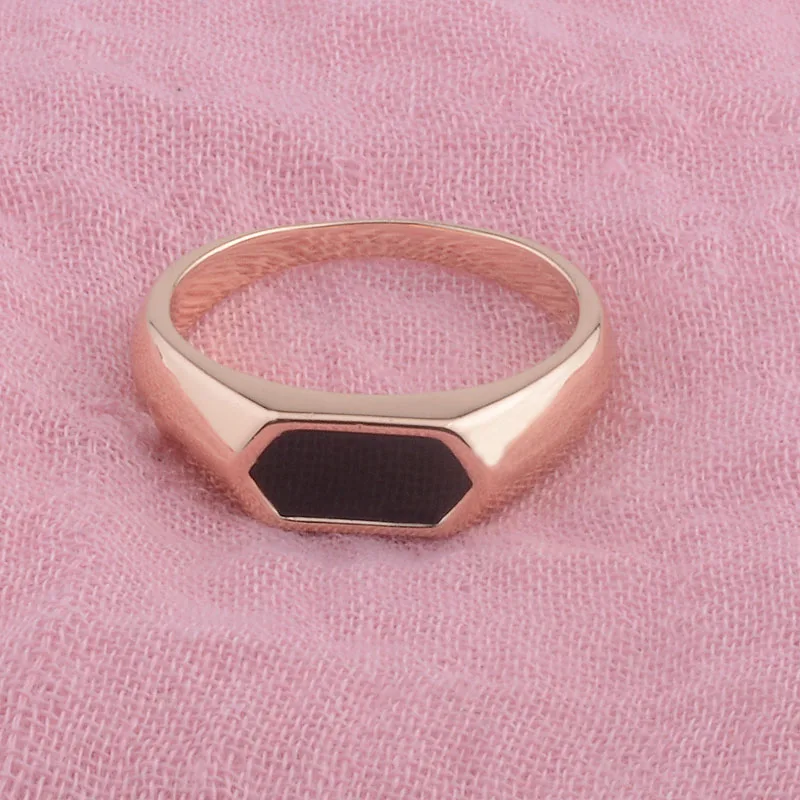 FJ 7mm Wide Women Men 585 Rose Gold Color Black Stone Rings Jewelry