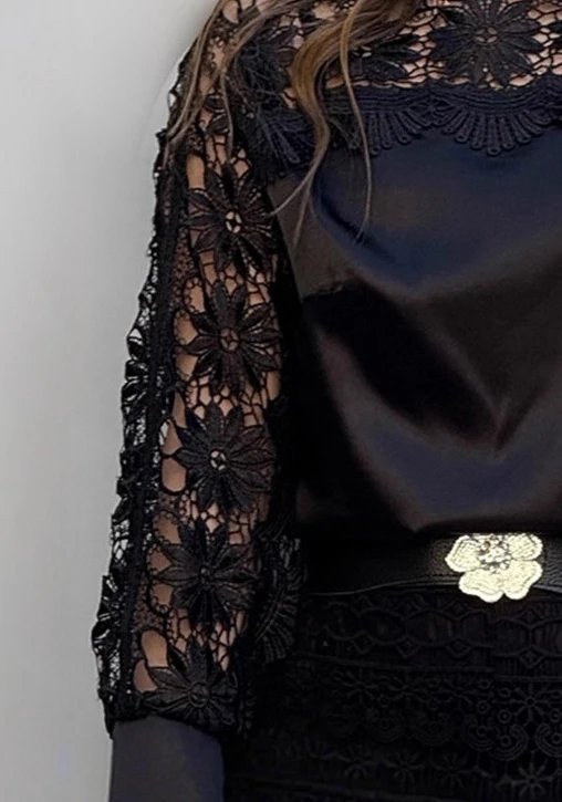 Women Fashion Casual Boat Neck Guipure Lace Patchwork Blouse Casual Hollow-out Satin Top