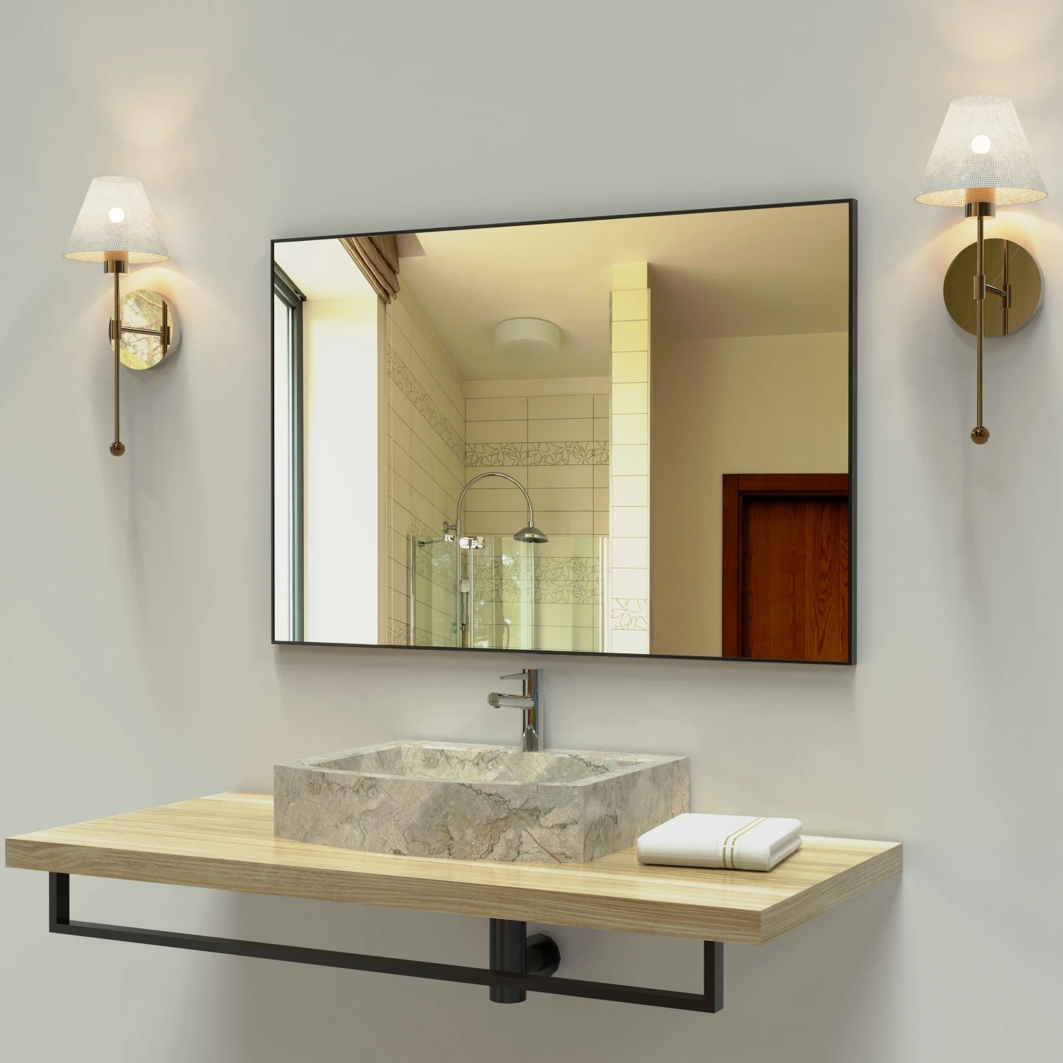 36x24 inches Modern Black Bathroom Mirror with Aluminum Frame Vertical or Horizontal Hanging Decorative Wall Mirrors for Living