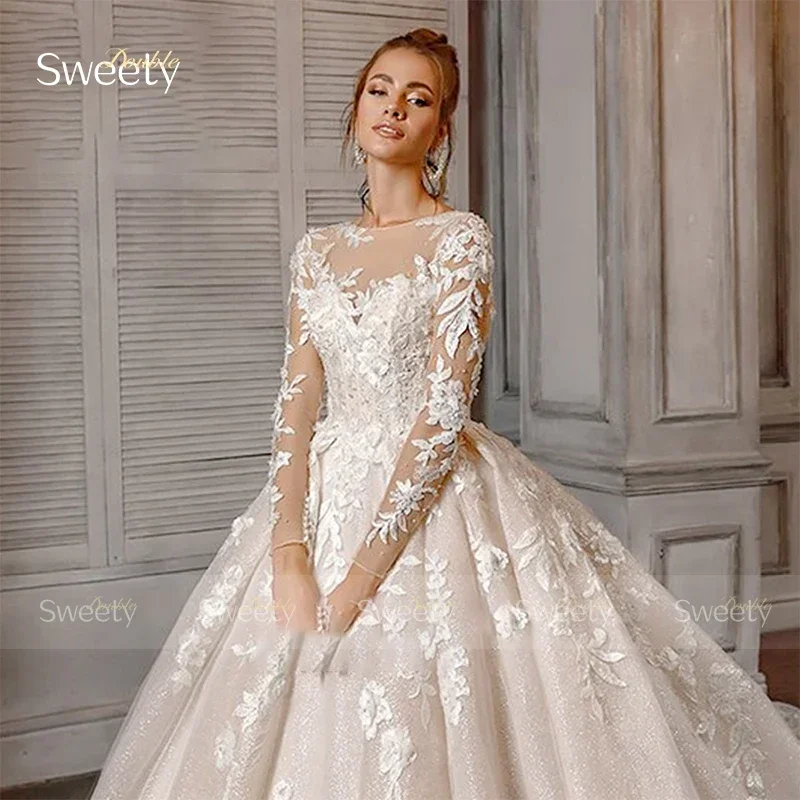 Luxury Wedding Dress Organza With Embroidery Lace Ballgown Train Full Sleeve O-Neck Bridal Dress Lace Up Button Vestido De Novia