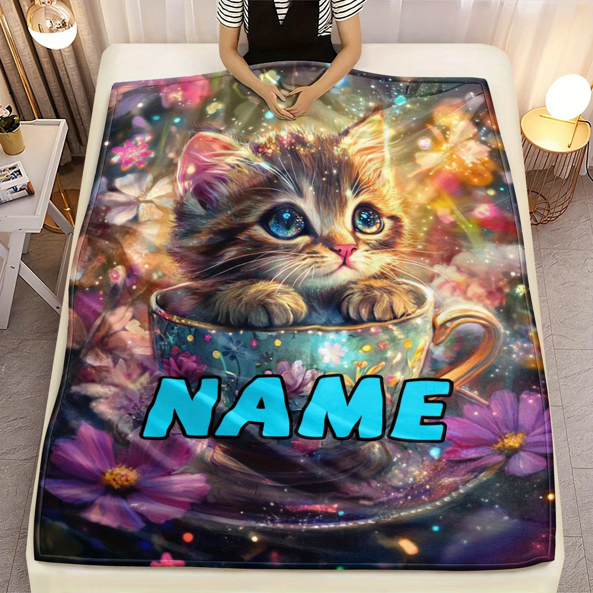 Personalized cat tea cup blanket with soft and comfortable flannel parabolic shape, charming cat design