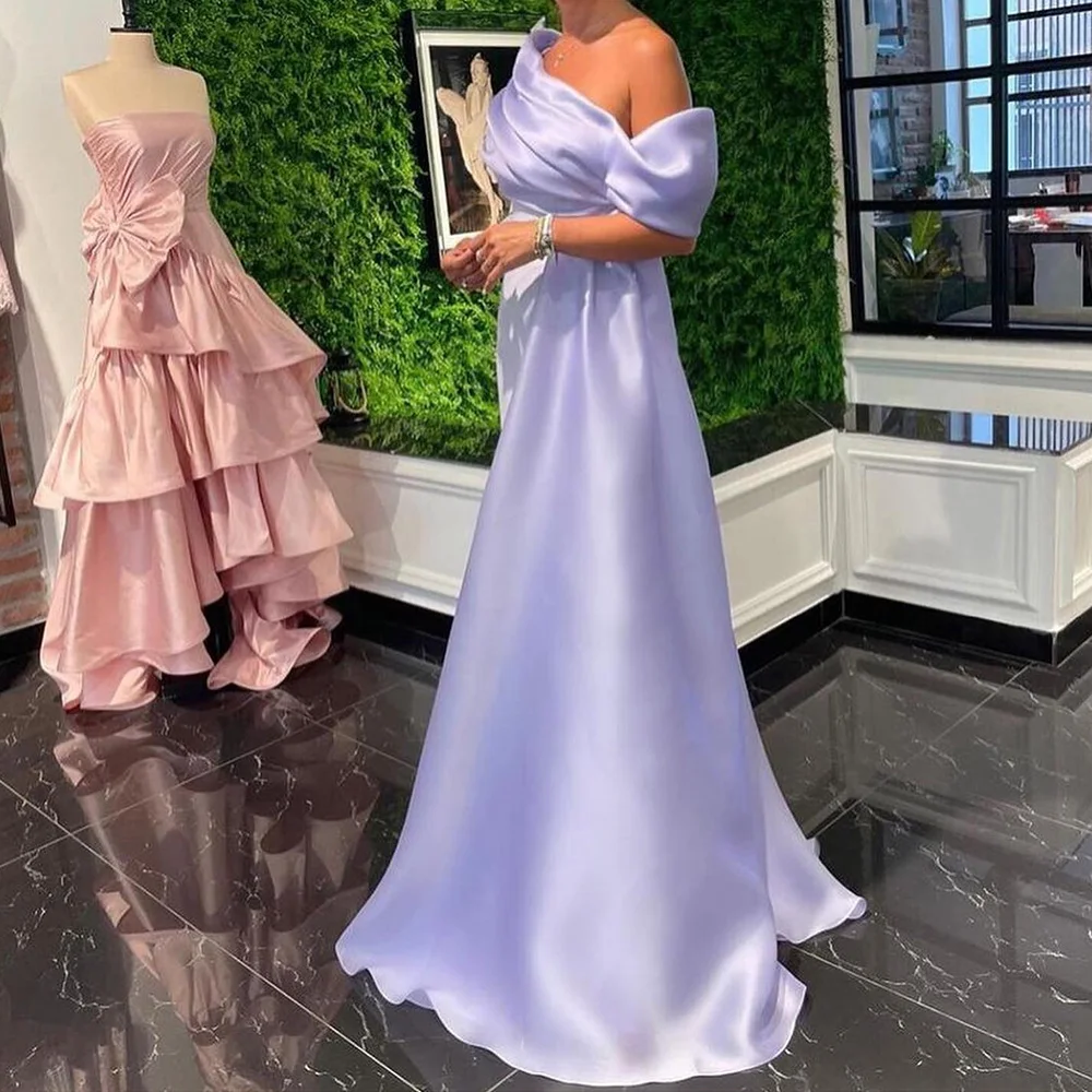 

Customized Fashion Straight Floor Length Strapless One Shoulder Satin Long Sleeves Evening Dress Classic vestidos para mujer